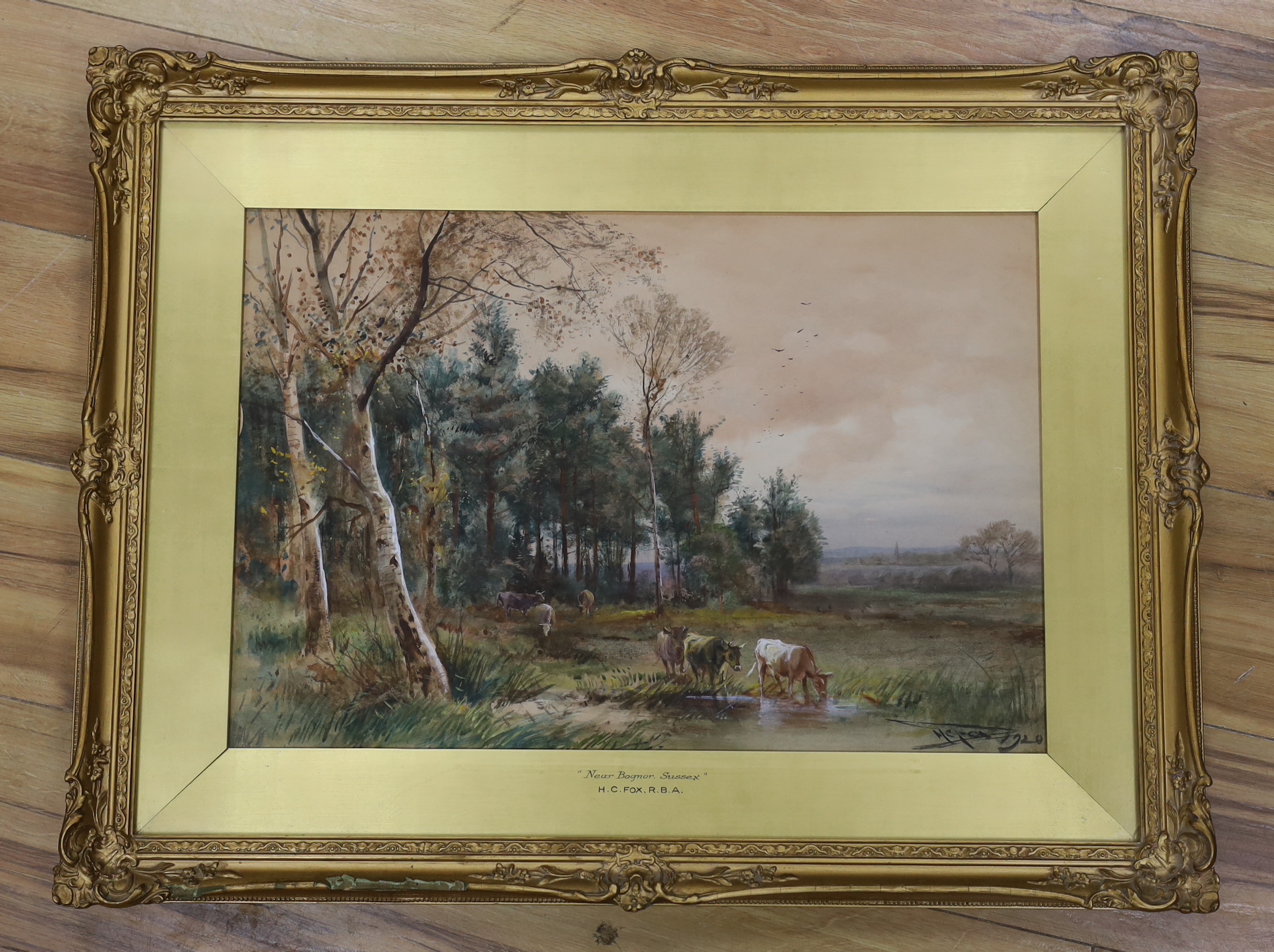 Henry Charles Fox (1855-1929), heightened watercolour, 'Near Bognor, Sussex', signed and dated 1920, inscribed to the mount, 53 x 36cm